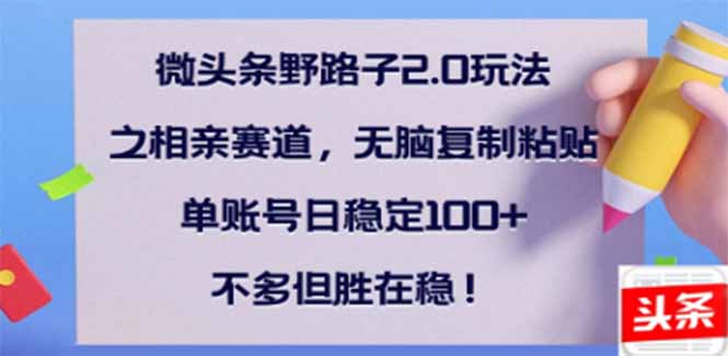 （14333期）微头条野路子2.0玩法之相亲赛道，无脑搬砖复制粘贴，单账号日稳定300+…