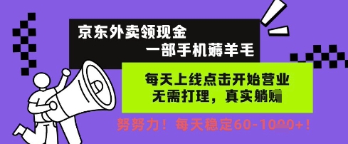 京东外卖领现金，一部手机薅羊毛，每天上线动动手指，无需打理，每天保底60+，每天就是如此轻松
